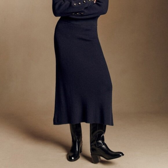 EUC Sezane Naelle Merino Cotton Knit Midi Skirt Navy Large - Picture 2 of 8